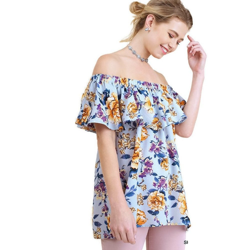 UMGEE nwt Off The Shoulder Floral Print Top, Sky